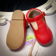 Red Leather T-strap Shoe