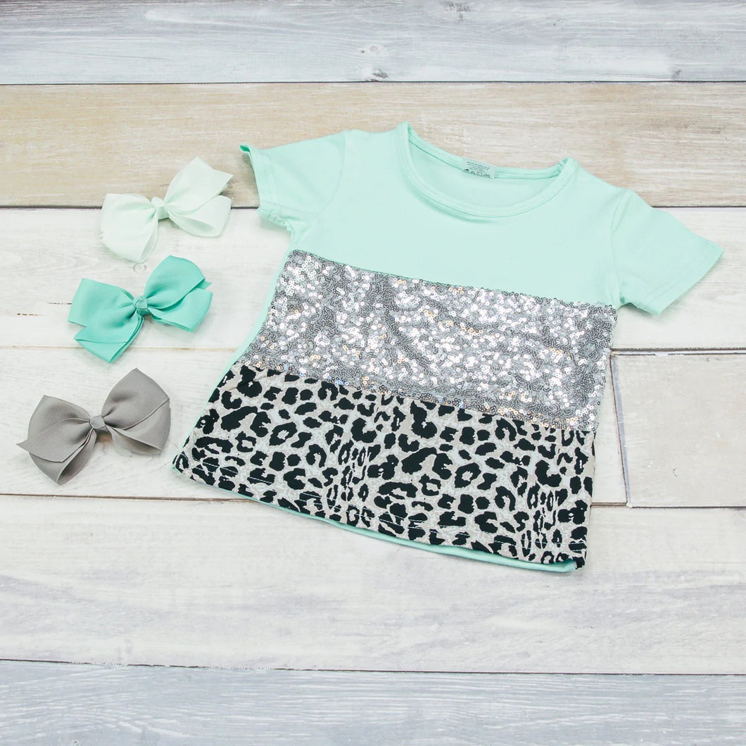 Mint Sequin and Leopard Tee