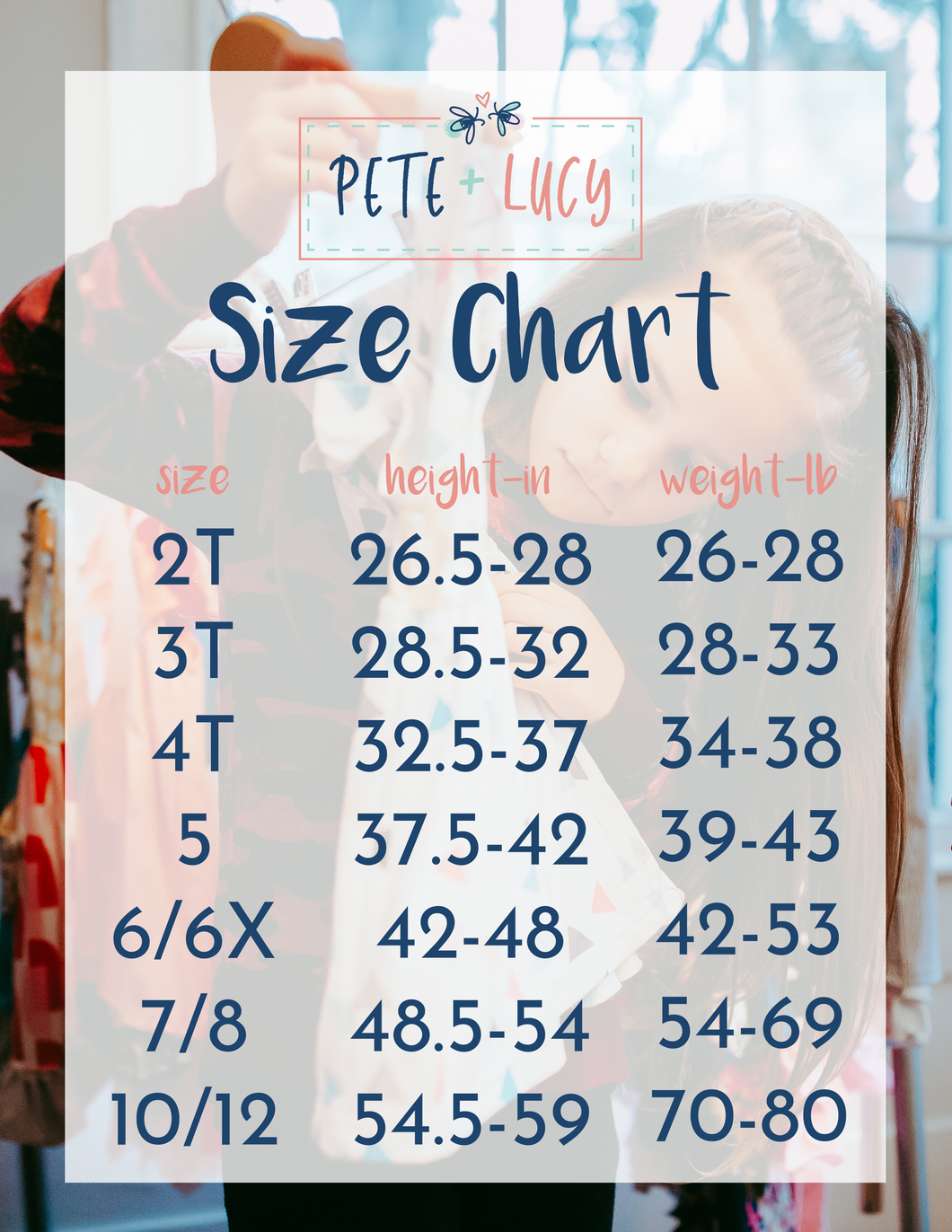 Pete + Lucy Child Size Chart