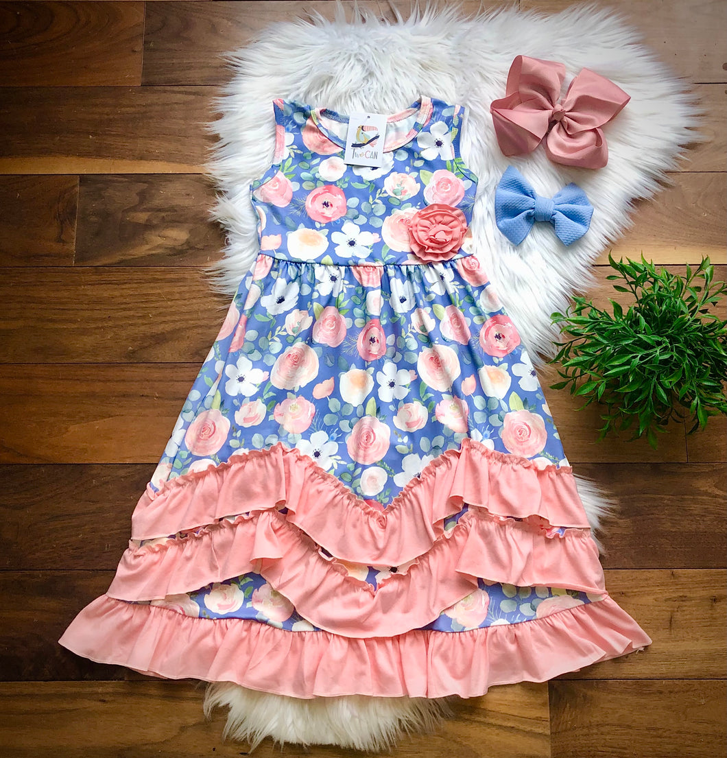 Peach & Periwinkle Long Ruffle Dress