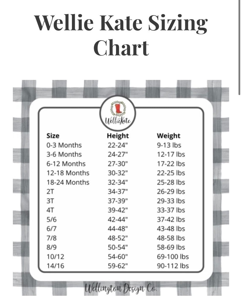 Wellington/Wellie Kate Size Chart