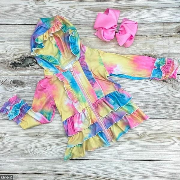 Rainbow Tie-Dye Zip Up Ruffle Hooide