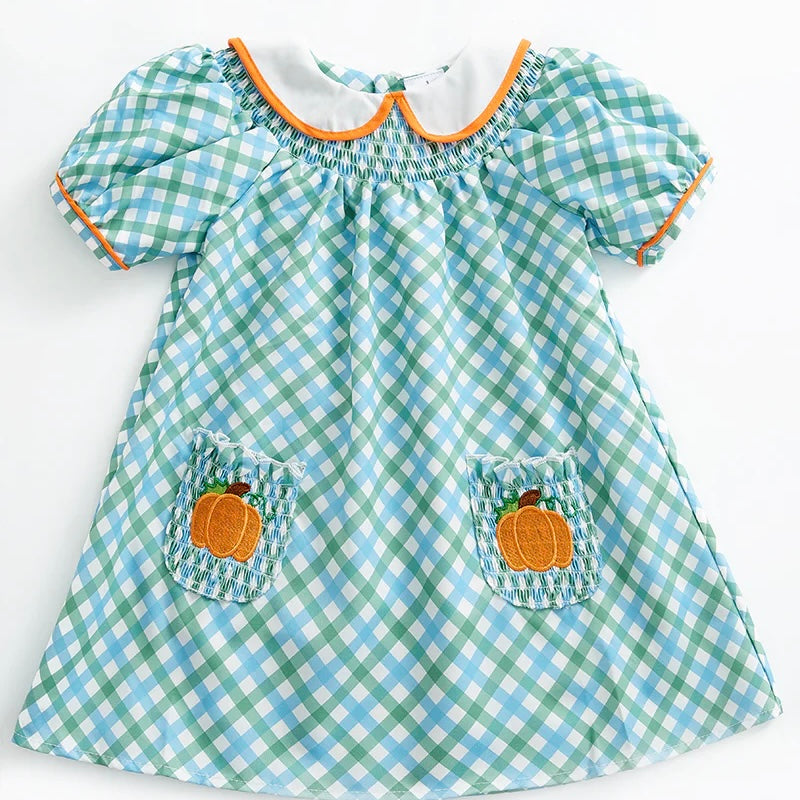 Pumpkin Plaid Smocked Pocket Dress