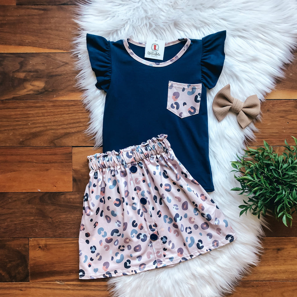 Navy Cheetah Skirt set